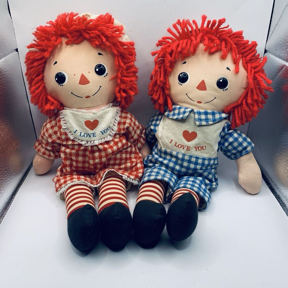 Vintage Raggedy Ann & Andy Bedtime Doll Set 14” Knickerbocker Raised eyes